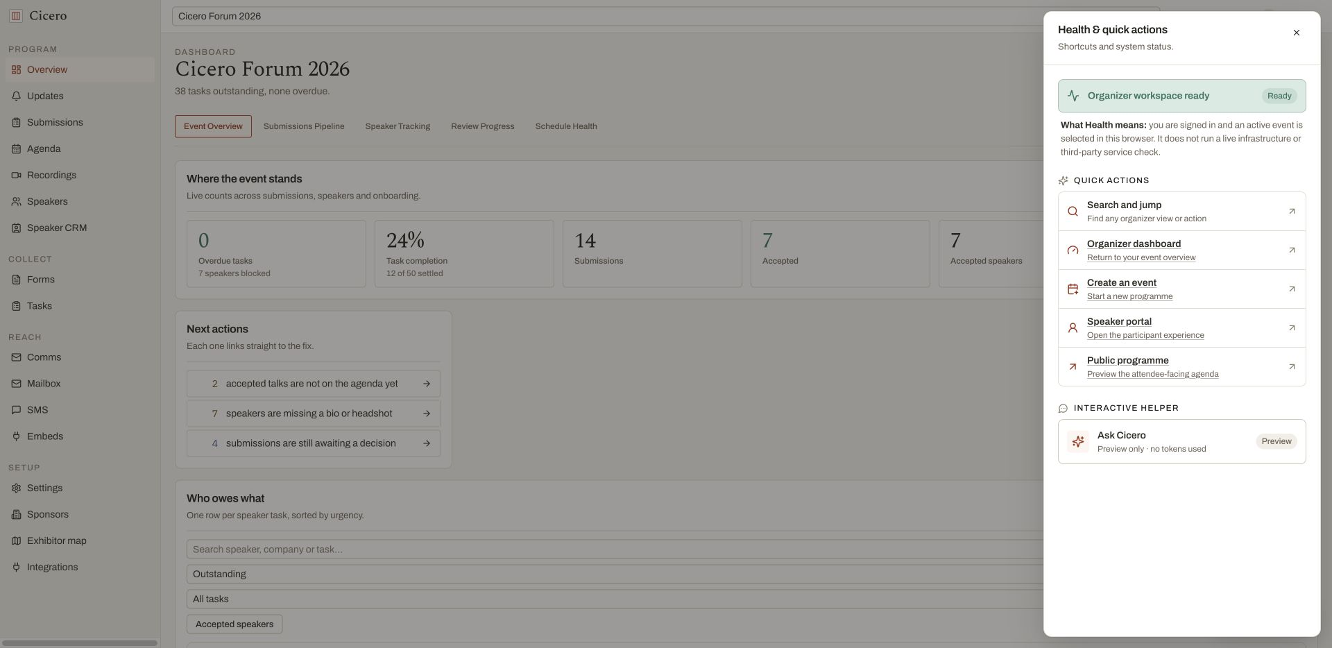 Workspace readiness and quick actions