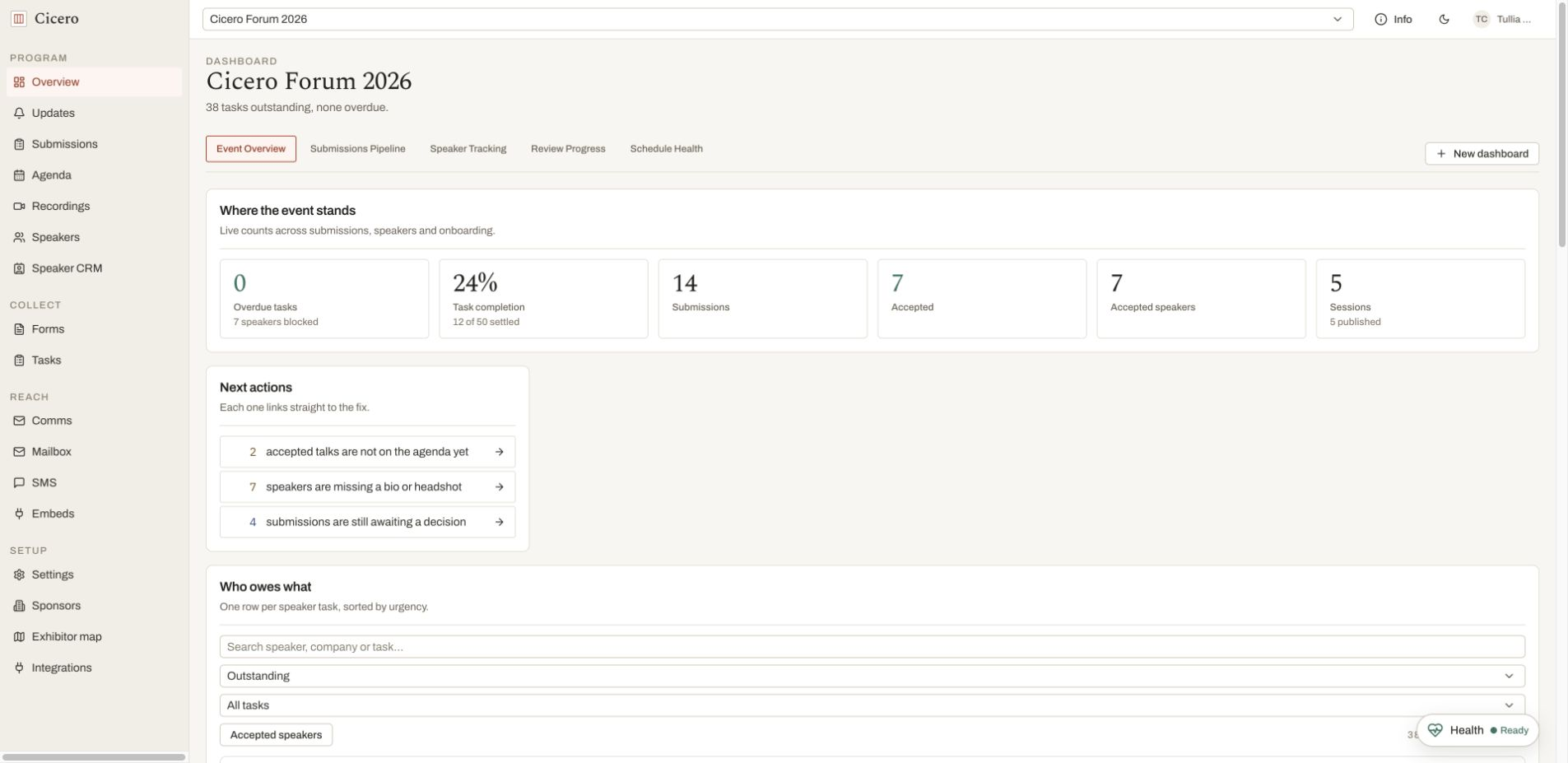 Seeded organizer dashboard